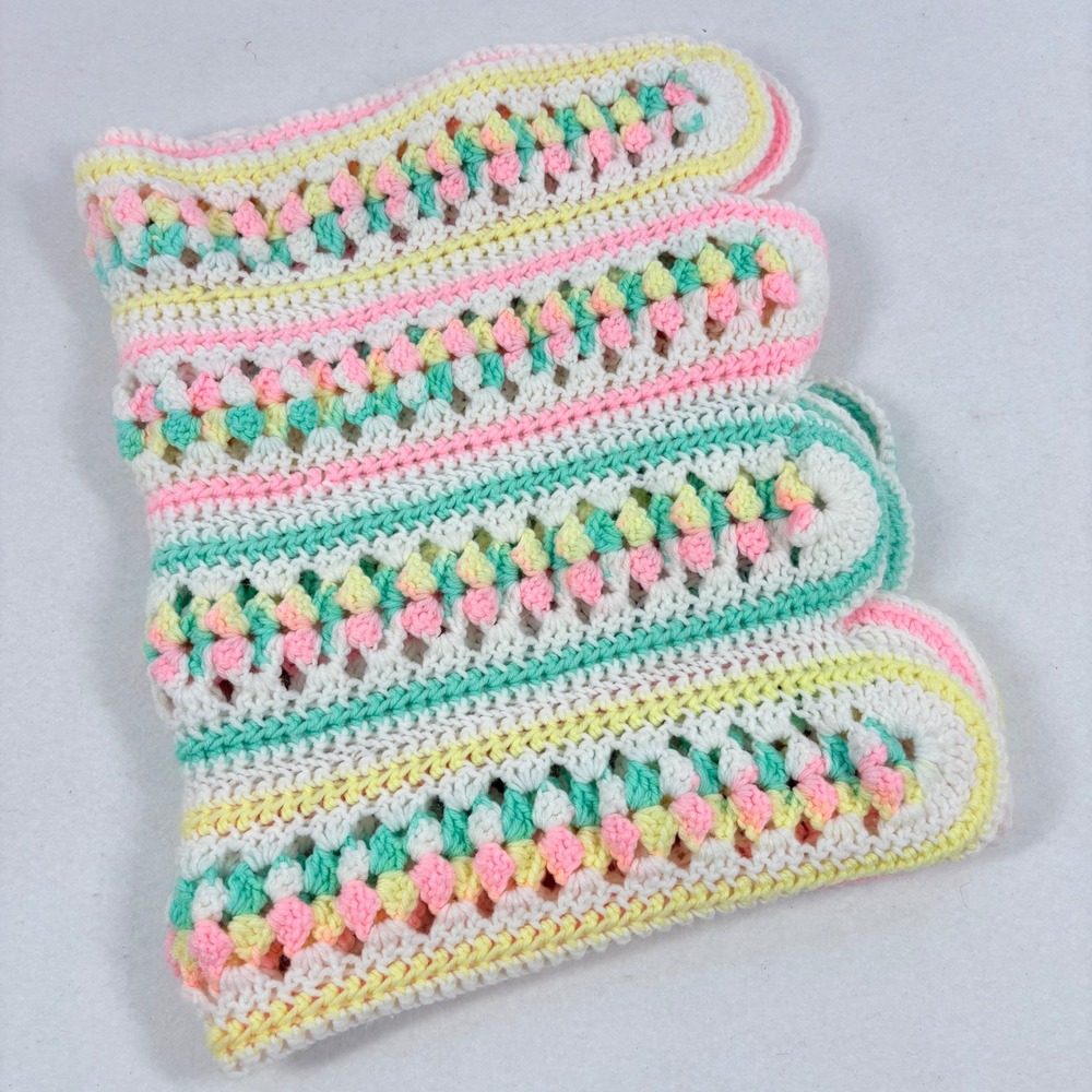 Handmade Crochet Baby Blanket Pastel Pink Yellow Mint‎ Scalloped Granny 27x38